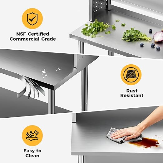 36x24 in NSF All Stainless Steel Table with Adjustable Shelf & Pegboard Panels & Casters, Kitchen Prep Table Commercial Heavy-Duty Worktable with Large Space Storage for Restaurant Garages