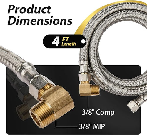 1 Pack Foskan 4FT Stainless Steel Dishwasher Hose With 3/8" Comp x 3/8" MIP 90° Elbow,Flexible Water Line Connector for Standard Dishwashers(HOSE059)