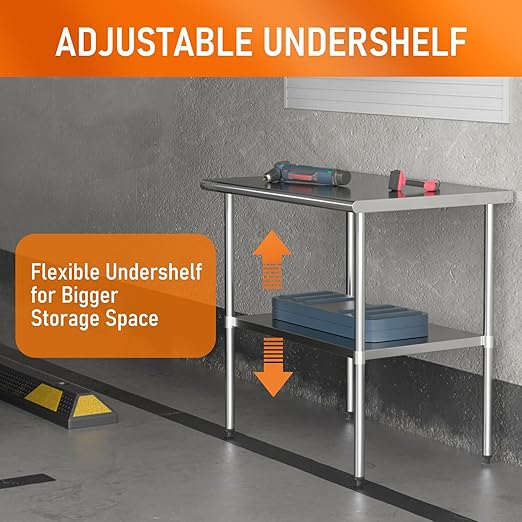 Stainless Steel Table for Food Prep & Work 24 x 36 inches Utility Table with Adjustable Undershelf, Commercial Workstation in Kitchen, Garage, Outdoor BBQ