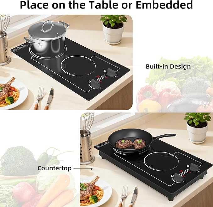 VBGK 2 burner Induction cooktop,110V 2300W double burner hot plate with LED Touch Screen, 9 Power Levels, Kids Lock & Timer, Overheat Protection, knob and touch control Double Induction Cooktop