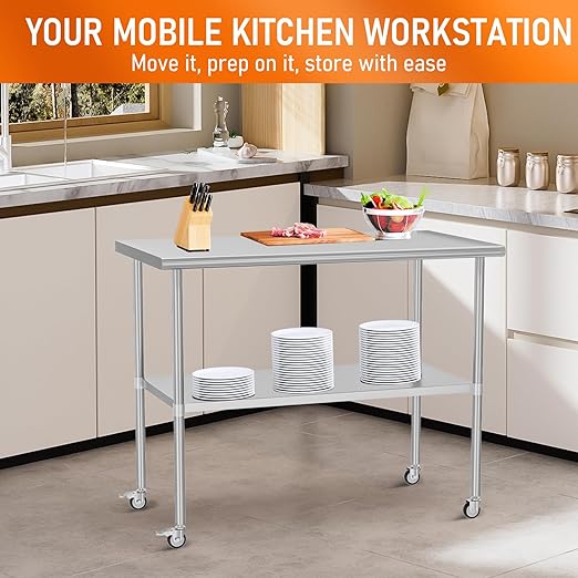Stainless Steel Table with Wheels 30" x 48" Utility Worktable with Adjustable Undershelf for Commercial Kitchen, Garage, Restaurant