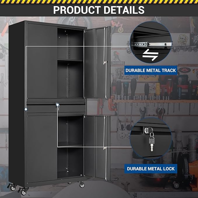73" Metal Cabinet-Black Heavy Duty Rolling Storage Cabinet Steel Tool Cabinets with Wheels, Shelves, Lockable Doors and Drawers- for Garage, Pantry, Warehouse Home Office- Assembly Required