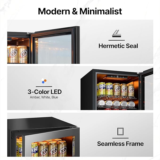 Ca'Lefort 105 Cans Beverage Cooler Mini Fridge, Beverage Refrigerator with Reversible Glass Door, Adjustable Shelves for Soda, Beer & Wine, Digital Temperature Control for Home, Office, Bar or Dorm