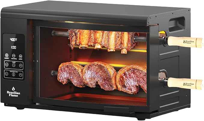 Electric Rotisserie Oven Brazilian Flame VOLTA | Vertical Countertop Grill with Auto-Rotating Skewers Shawarma Grill Machine Meat Kebab | Indoor Adjustable Temperature | 8lb Capacity | World Cup Grill