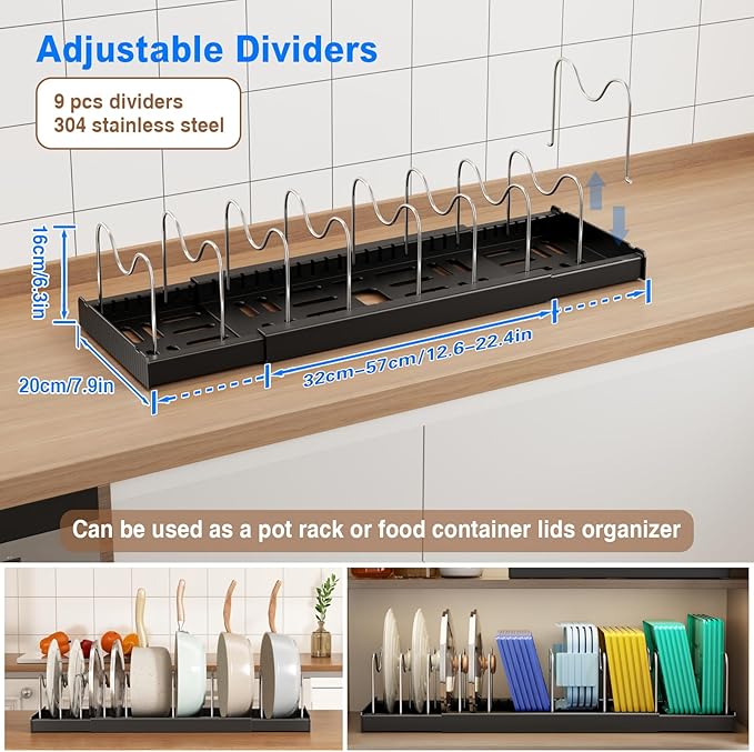 2 Pack Pots and Pans Organizer Under Cabinet, 22" Expandable Food Storage Container Lid Organizers with 9 Adjustable Dividers Pot and Pan Lid Holders Rack Inside Cabinet/Countertop(Black)