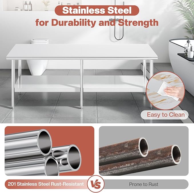 Jocisland 30" x 96" Stainless Steel Table for Prep & Work Adjustable Under Shelf and Feet, for Commercial Kitchen, Restaurant, Hotel, Garage