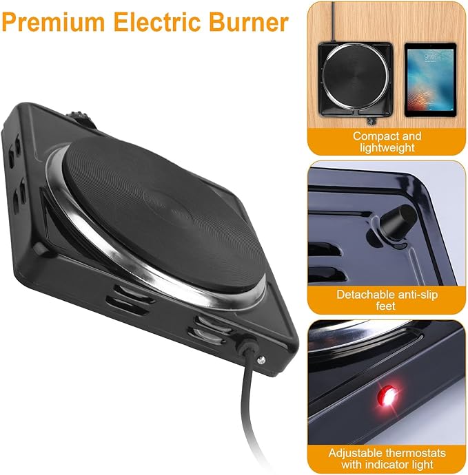 Portable Hot Plate, 1500W Cast Iron Single Countertop Burner, Electric Stove with 5 Levels Adjustable Temperature, Cooktop for Home RV Camping, Easy to Clean, Black