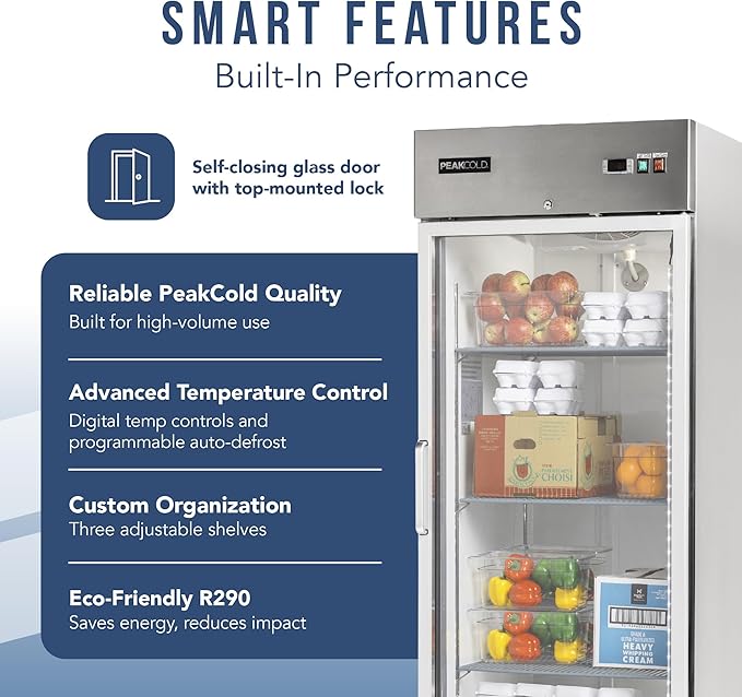 PEAKCOLD Single Glass Door Commercial Refrigerator - 23 Cubic Ft, 29" Wide Stainless Steel Reach-In Commercial Refrigerator with White Internal Lighting - Freestanding Industrial Fridge