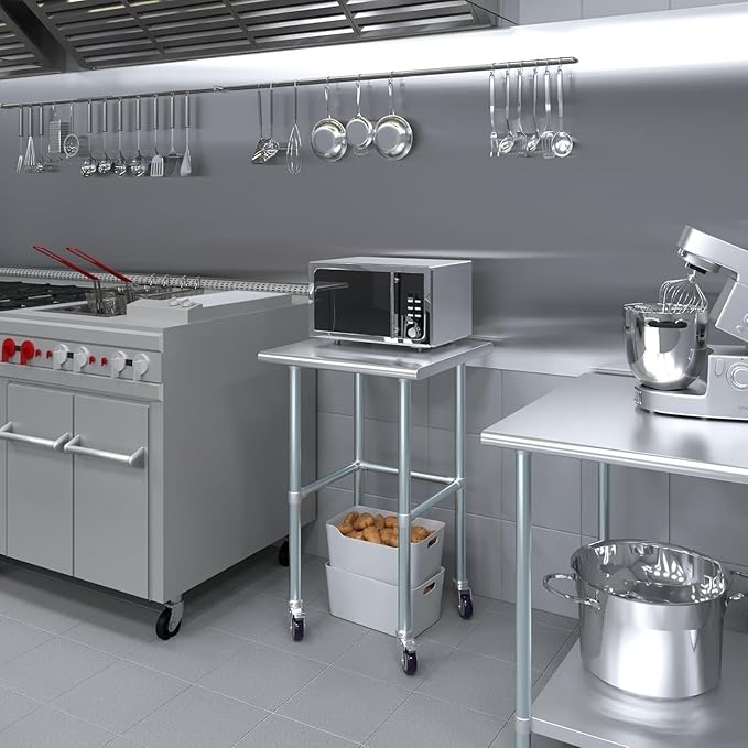 Stainless Steel Work Table Open Base & Wheels | Work Station | Metal Work Bench (Stainless Steel Work Table Open Base + Casters) (24" Long x 24" Deep)