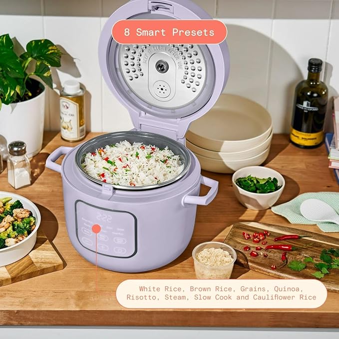 Beautiful 14-Cup Electric Rice & Grain Cooker, Ceramic Nonstick, 8 Presets, Slow Cook, Steamer Tray (Lavender)