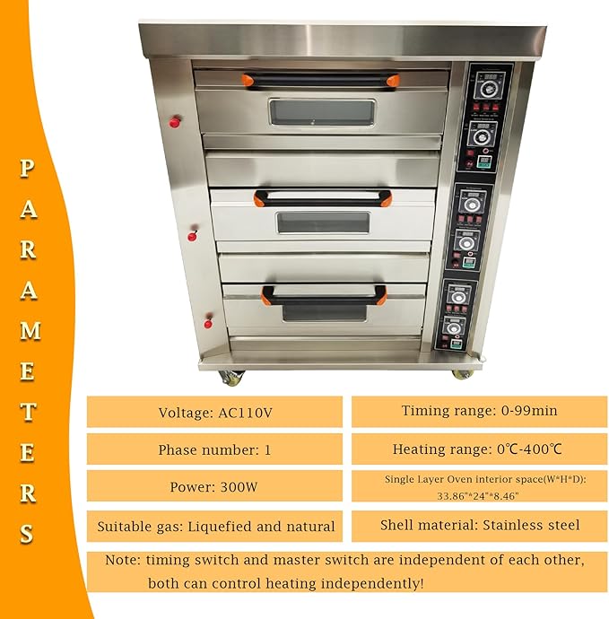 Gas Heating Pizza Oven Commercial Electric Pizza Oven Three Layers Movable Large Triple Oven Stainless Steel Baking Oven 0℃-400℃ Multipurpose Pizza Oven with 6 Baking Dishes 110V 300W
