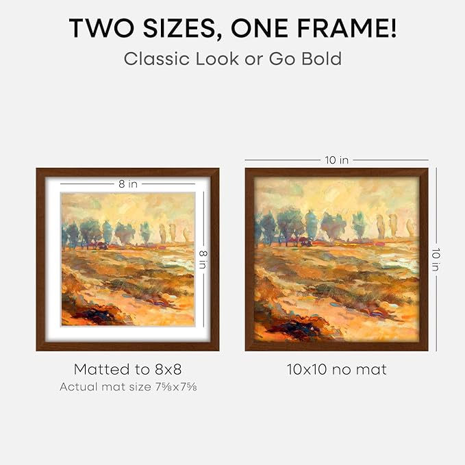 Homeforia 10x10 Picture Frame Brown, High-End Dark Oak 10 x 10 Square Brown Wood Frames with Mat 8 by 8 Photo, 10by10 Wooden Walnut Poster Frame Matted to 8x8 Print, Tempered Glass, Wall Kit, Set of 2