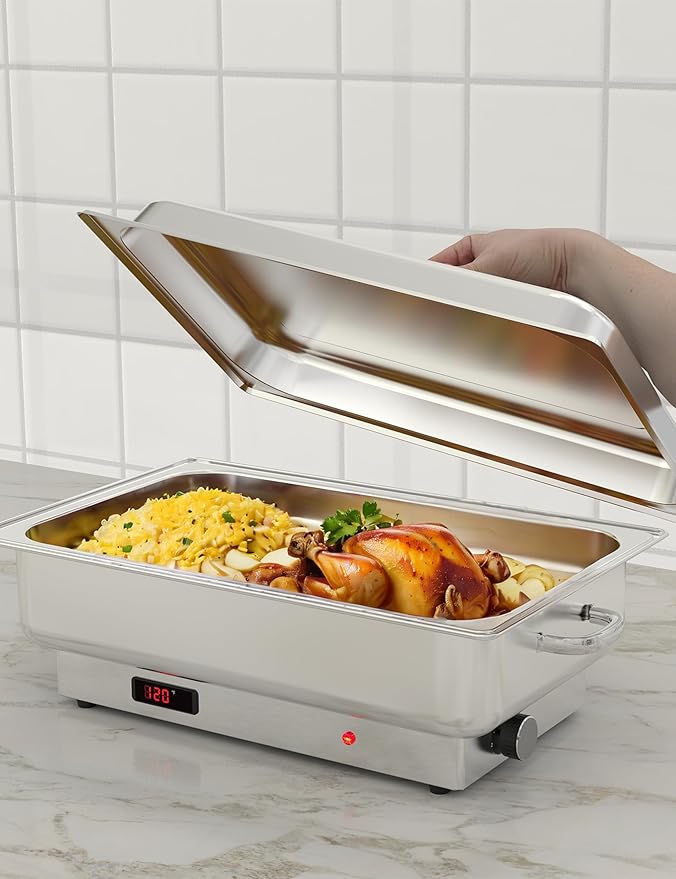 Electric Chafing Dish, 9 QT Rectangular Full-Size Buffet Stainless Steel Chafing Dish Set, Commercial Food Warmer with Temperature Control Display for Parties, Catering, Festivals