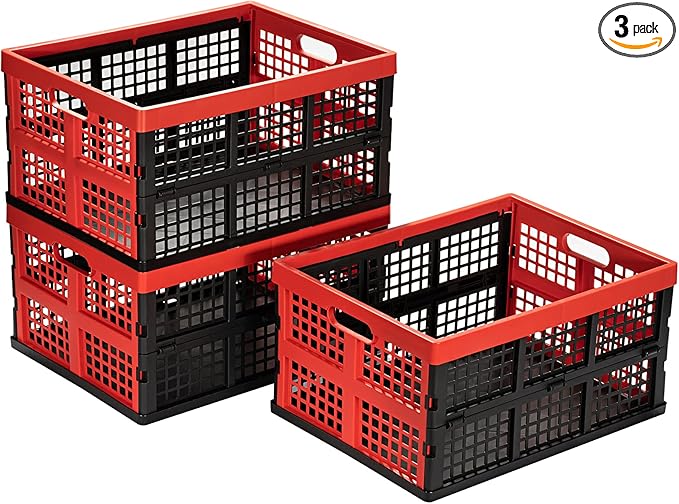 34L Large Plastic Folding Storage Crates,Collapsible Crates for Storage,Pack of 3 (Black+Red)