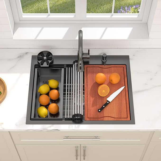 Dcolora 28 In. Black Kitchen Sink with Cup Washer, Large Single Bowl Drop In Installation, Heavy Duty 16 Gauge 304 Stainless Steel, Workstation with Valued Accessories, 28"x22"x10" #DC-T2533002BWS