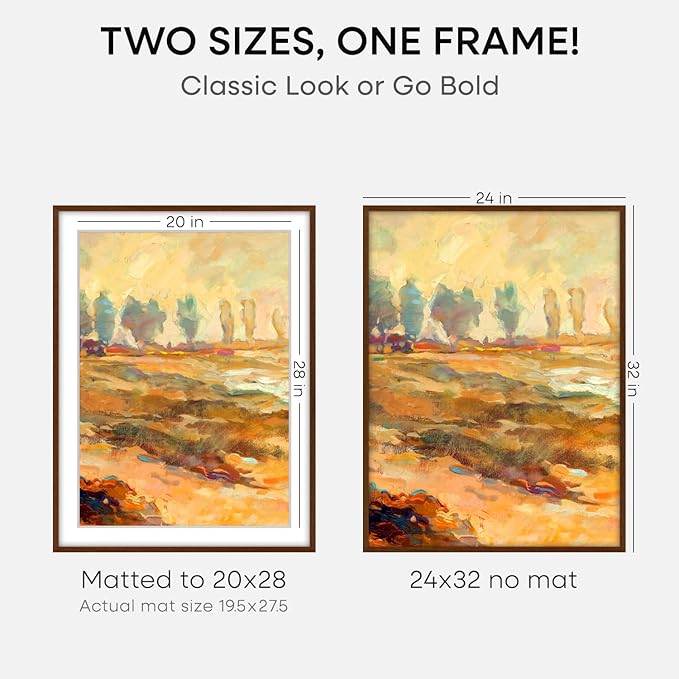 Homeforia Brown Picture Frame 24x32, High End Dark Oak 24x32 Large Wooden Poster Frame with Mat 20x28, 24 x 32 Walnut Wood Frame Matted to 20 x 28, 32x24 Thin Frame, Tempered Glass, Wall Kit, Set of 2