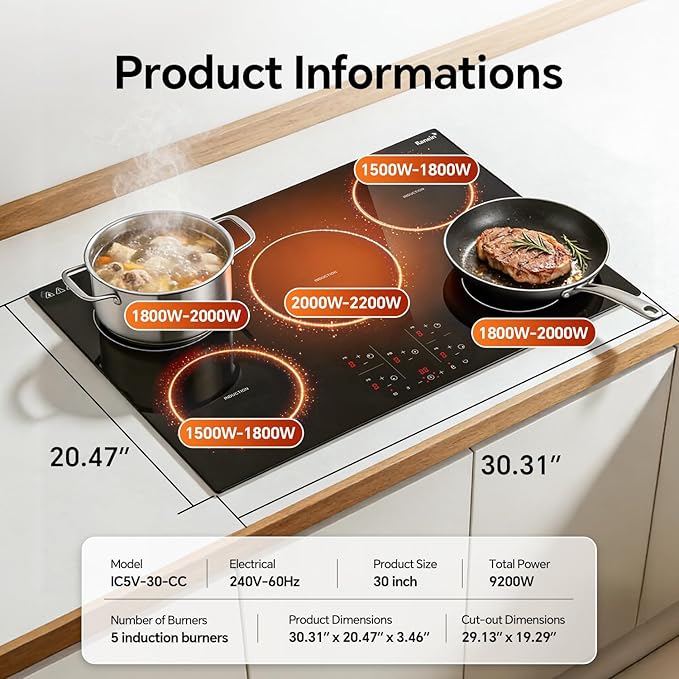 Ranein Induction Cooktop 30 Inch, Build-in 5 Burners Electric Stove Top, 9 Power Settings, Max 9200W, Sensor-Control Induction Hob with Multiple Safety Protections, Compatible with Magnetic Cookers