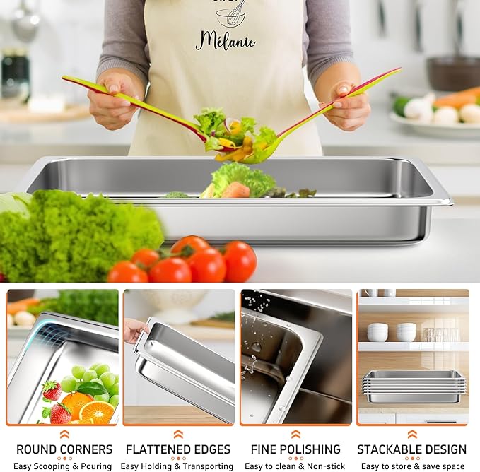 6 Pack Hotel Pans, 1/1 Full Size 2.5 Inch Deep Steam Table Pan, Stainless Steel Commercial Food Pan Anti Jam Steam Pan, Breading Trays for Hotel, Party, Buffet, Catering Supplies