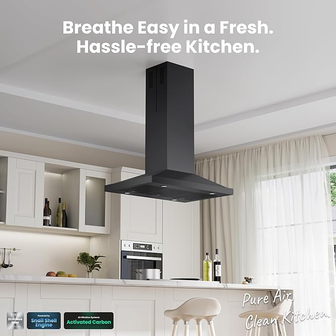 Island Range Hood 36 Inch, 390 CFM kitchen Hood with Dual-Sided Touch/Gesture Control, Ceiling Mount Kitchen Vent Hood, Convertible Ducted/Ductless, 3-Speed Fan&4 LED Lights, 3 Baffle Filters, Black