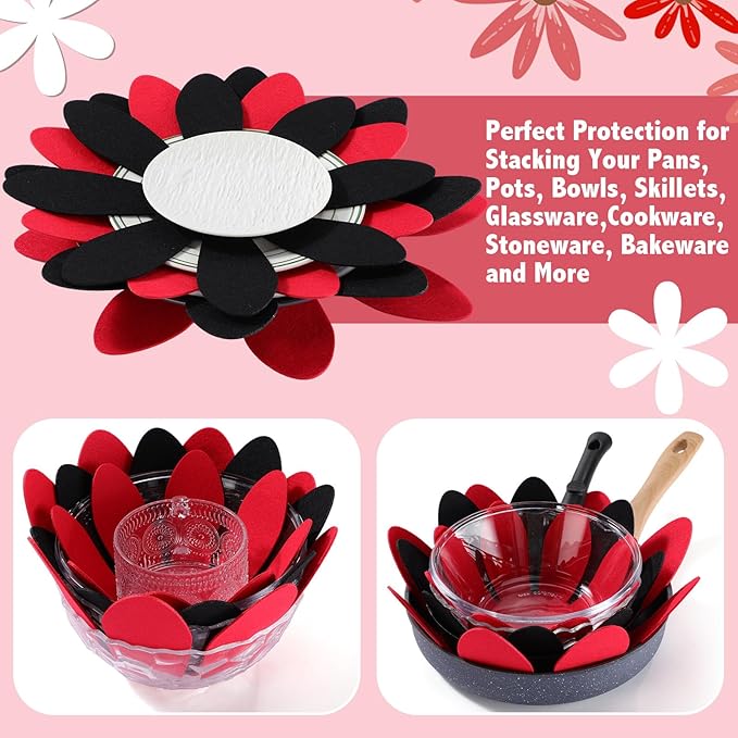 Queekay 12 Pcs Felt Pot and Pan Protectors 12/14/16 Inch Larger Thicker Pan Protector Pads, Colorful Pot Separators for Stacking Cookware Organizing Protecting(Black Red)
