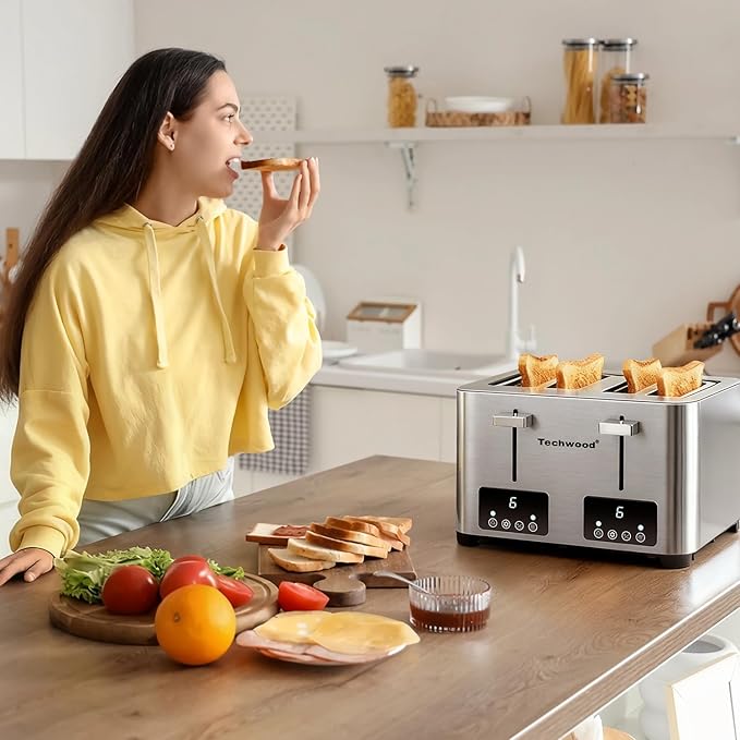 Toaster 4 Slice, Techwood Stainless Steel 4-Slice Toaster Wide Solt with LED Display & 6 Shade Settings, Perfect for Bagels, Waffles and More, Cancel/Defrost Functions & Removable Crumb Trays, 1500W