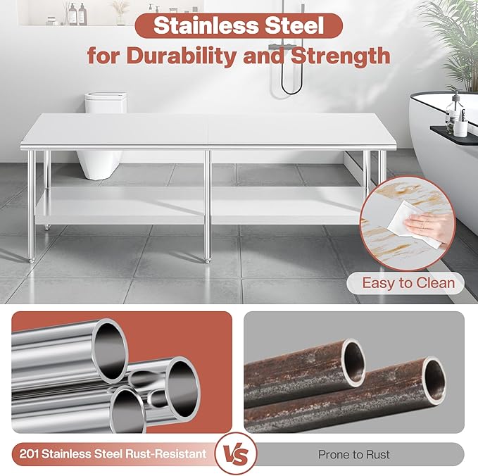 Jocisland 30" x 108" Stainless Steel Table for Prep & Work Adjustable Under Shelf and Feet, for Commercial Kitchen, Restaurant, Hotel, Garage