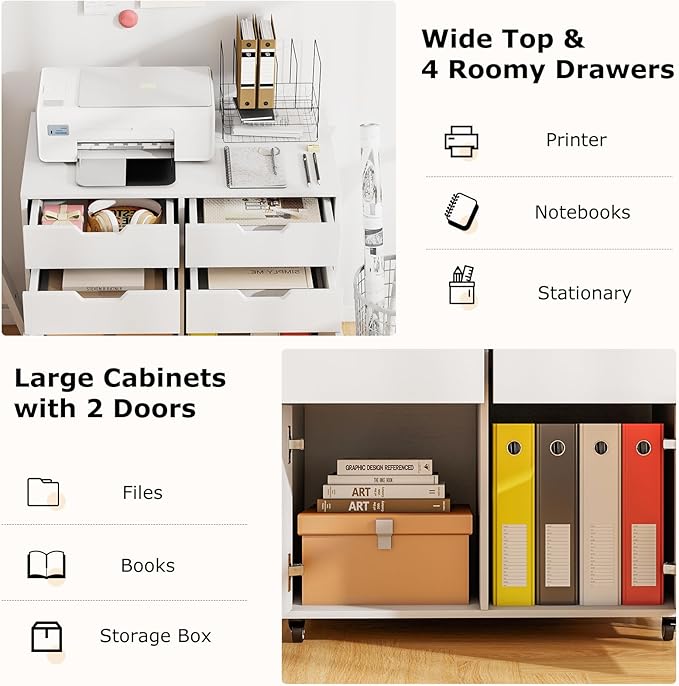 File Cabinet, White Filing Cabinet w/Universal Wheels, Wood Printer Stand w/4 Drawers & 2 Doors, Rolling File Cabinets for Home Office, Living Dining Room (White, 4 Drawers & 2 Doors)