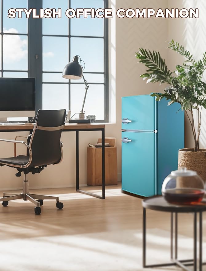 3.2 Cu.Ft Fridge with Freezer, Double Door Refrigerator with 7 Level Thermostat, LED Light, Adjustable Shelves, Food Storage Cooling Drink for Bedroom, Office, Dorm, Apartment, Blue