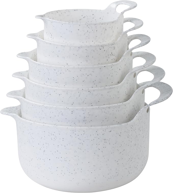 COOK WITH COLOR Nesting Plastic Mixing Bowl Set with Pour Spouts and Handles, Speckled White, 6 Piece Non-Slip
