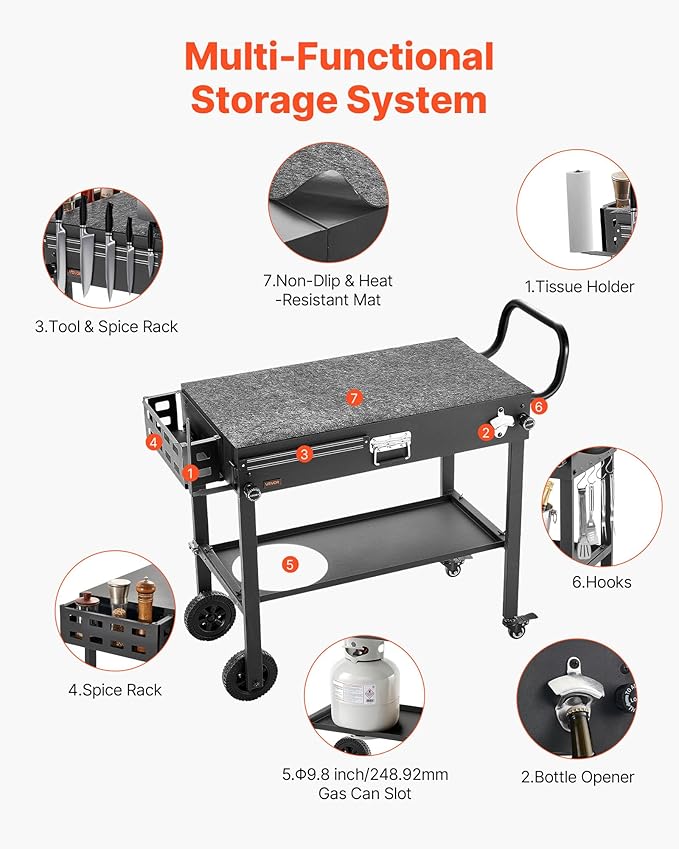VEVOR Outdoor Grill Cart, 31.0 x 17.0 inch Tabletop Size Grilling Table, Foldable Outdoor Cooking Table with Tissue Holder, Wheels, Magnetic Tool Rack, BBQ Prep Tables for Picnic, Kitchen, Courtyard