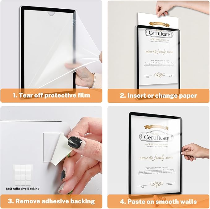 Sign Holder 8.5"x11" Wall-mounted 2 Pack, Self-Adhesive Display Frame for College Certificate/Poster/Paper/Picture Office/Store/School Display Sign Holder with Horizontal and Vertical (Black)