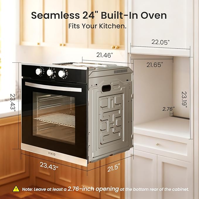 Single Wall Oven 24", 2.83 Cu.Ft-80L with 8 Functions Built-in 24 Electric Wall Oven, 240V, 3220W Fast Preheat, Mechanical Knob Control for Easy Cooking