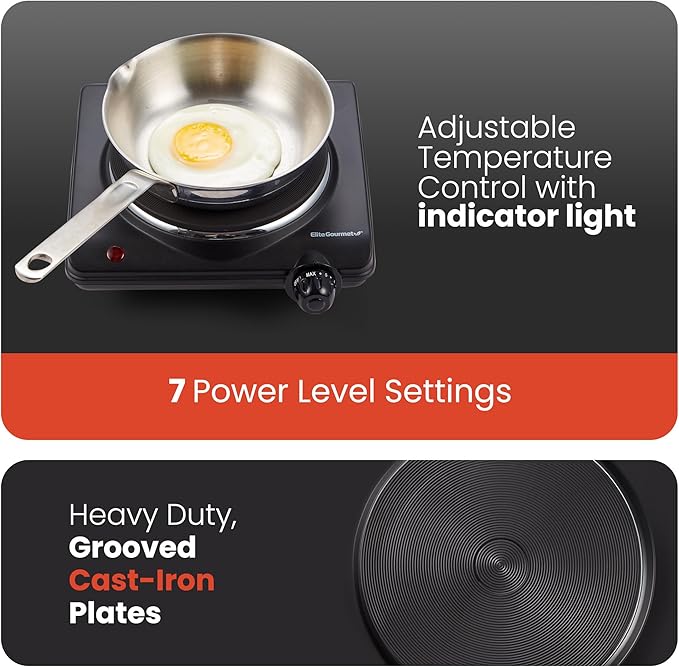 Elite Gourmet ESB-301BF# Countertop Single Cast Iron Burner, 1000 Watts Electric Hot Plate, Temperature Controls, Power Indicator Lights, Easy to Clean, Black