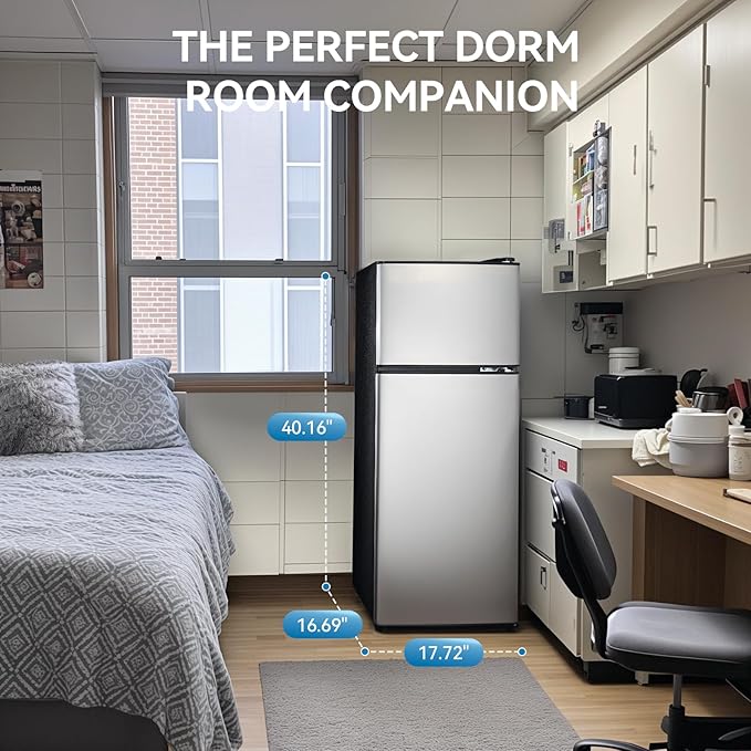 4.0 Cu.Ft Fridge with Freezer, Double Door Refrigerator with 6 Level Thermostat, LED Light, Adjustable Glass Shelves for Bedroom, Office, Dorm, Apartment, Silver