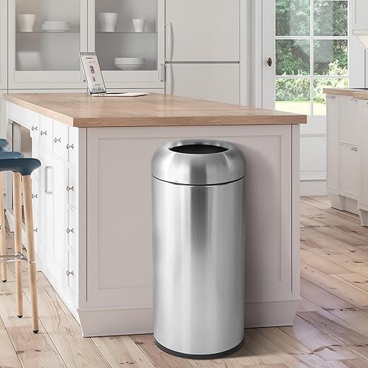 WICHEMI 16 Gallon Commercial Large Trash Can, Bullet Outdoor Trash Bin with Open Top Lid, Brushed Stainless Steel Garbage Can, Bright Silver