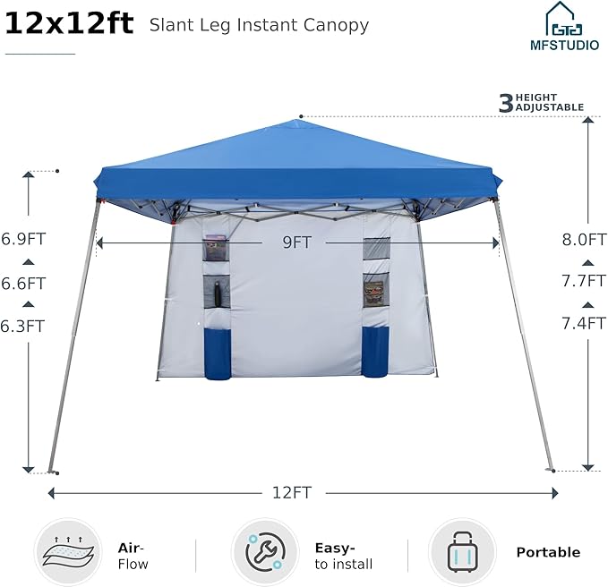 MFSTUDIO 12x12 Pop up Canopy Tent, Gazebo Shelter Sun Shade Canopies Patio Portable Popup Tents Easy Setup Waterproof with 9x9ft Top, 1 Sidewall, for Beach,Parties,Picnics