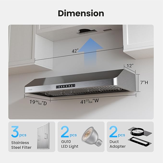 Range Hood 42 Inch Under Cabinet with 980 CFM, 3-Speed Gesture Sensing & Touch Control, Stainless Steel Kitchen Hood Vent for LED Lights, Time Setting, Baffle Filters with Handlebar