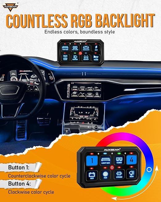 Auxbeam 8 Gang Switch Panel RA80 XL RGB Momentary Pulsed Toggle Switch Panel, Dimmable Backlight Multifunction Switch Panel with Memory Function for 12-24V Truck Offroad Car Marine, 2 Years Warranty