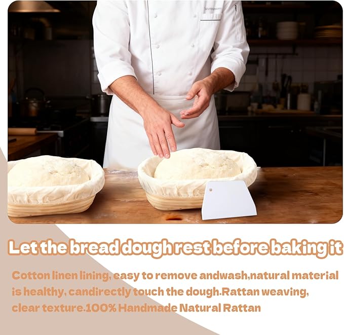 8 Sets Bread Proofing Baskets Bulk Banneton Bread Proofing Basket with Cloth Liners and Dough Scrapers Natural Rattan Banneton Sourdough Bowl Basket for Bakers(10 Inch)