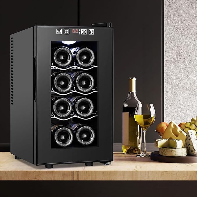 8 Bottles Wine Cooler Refrigerator, Small Wine Fridge, Mini Wine Fridge Countertop with Glass Door Wine Cellars for Red Wine, Champagne, Dry White Wine, Sparkling Wines