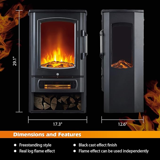 3 Panel Freestanding Electric Fireplace Stove, 1500W Heater with Realistic 3D LED Flame, Independent Flame & Heat, Adjustable Thermostat, Overheat Protection, Black Cast Iron Finish