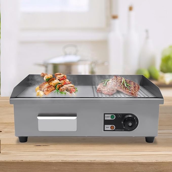 22" Electric Countertop Flat Top Griddle, 1600W Commercial Electric Griddle, Stainless Steel Teppanyaki Grill with Temp Control 122°F-572°F, Countertop BBQ Grill for Home Restaurant