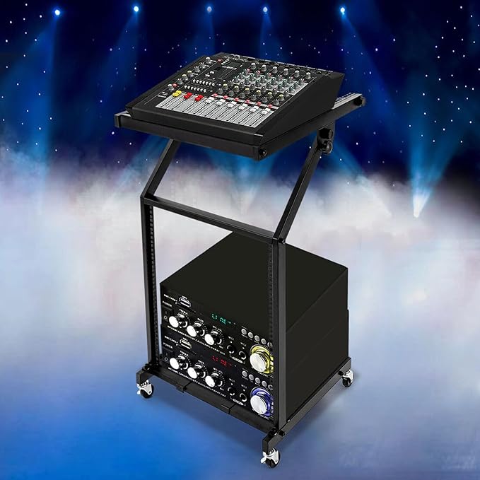 9U/12U/16U DJ Mixer Stand Adjustable Rack, Rack Mount Mixer Case Stand Studio Equipment Cart Stage Amp DJ Rolling (12U)