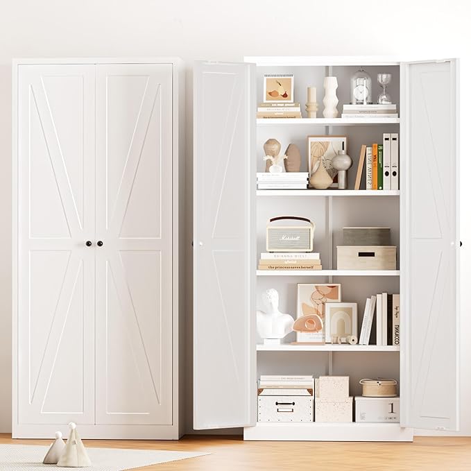 Greenvelly Metal Cabinet, 63" H White Metal Storage Cabinet with Doors and 4 Shelves, Pantry Storage Cabinet for Kitchen, Bedroom, Living Room, Office (Farmhouse)