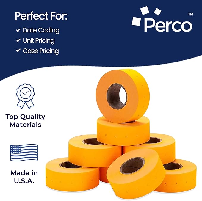 Perco 1 Line Fluorescent Orange Labels - 8 Rolls, 1 Sleeve, 8,000 Blank Price and Date Gun Labels for Perco Lite, X, Plus and Pro 1 Line Price and Date Guns - Made in USA