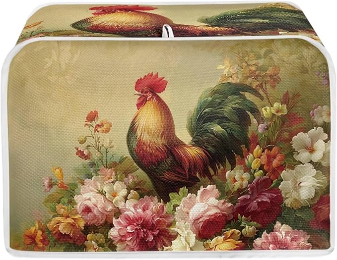 UNICEU Rooster Floral Print Toaster Cover 4 Slice Small Kitchen Appliance Covers Bread Machine Protection with Top Hook