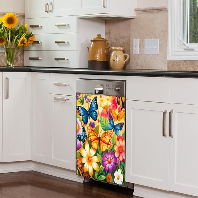 Colorful Butterflies Flowers Dishwasher Magnet Cover Front Dishwasher Cover Decor Reusable Magnetic Door Cover Panel Decal Home Appliances Stickers Kitchen Refrigerator Fridge 23"x26"