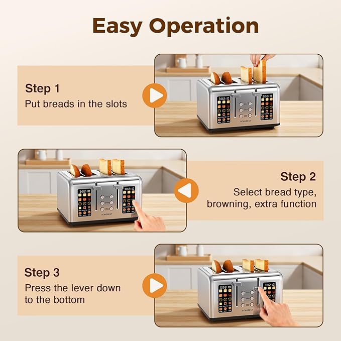 4 Slice Touch Screen Toaster, Easy-to-Use Digital Stainless Steel Toaster with Wide Slots, Reheat Defrost Cancel, Removable Crumb Tray, Silver