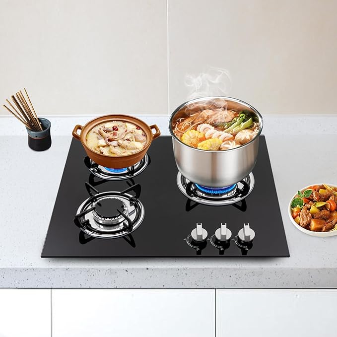 Built-in Gas Cooktop,3 Burners Gas Stovetop,NG Cooktops with Glass panel,countertop with Auto Shutoff, Hob for kitchen
