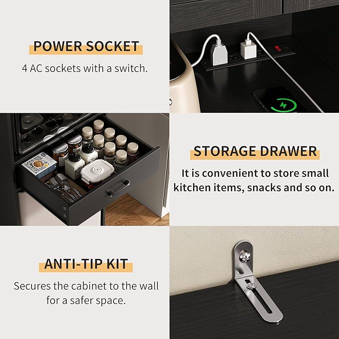 Mini Fridge Stand with Storage and Power Outlet, Coffee Bar Cabinet with Microwave Shelf, – Fits Most Mini Fridges and Wine Coolers, for Dorm, Kitchen, or Office Black KH03MRB